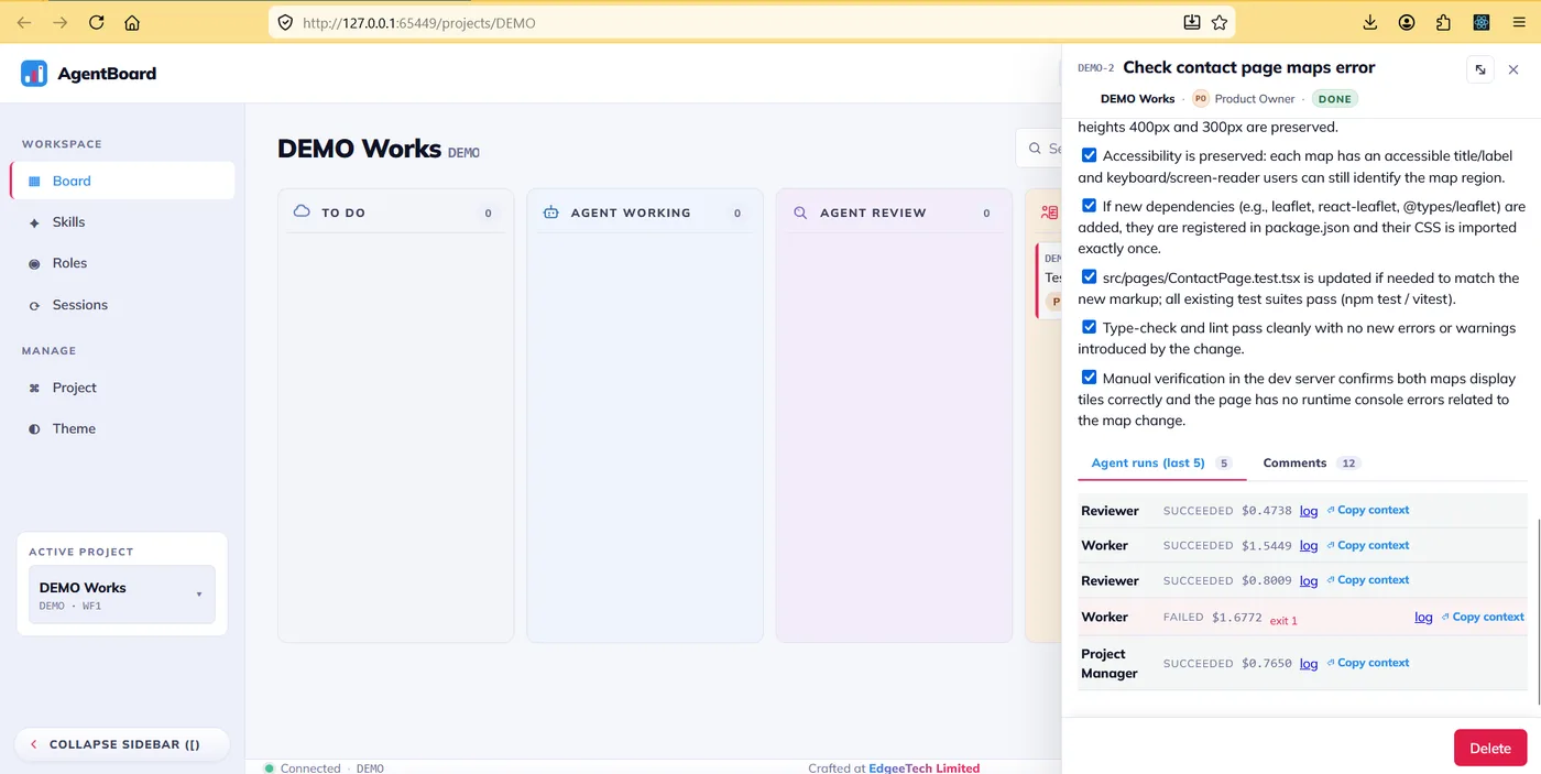 AgentBoard task detail showing checked acceptance criteria, run history and comments.