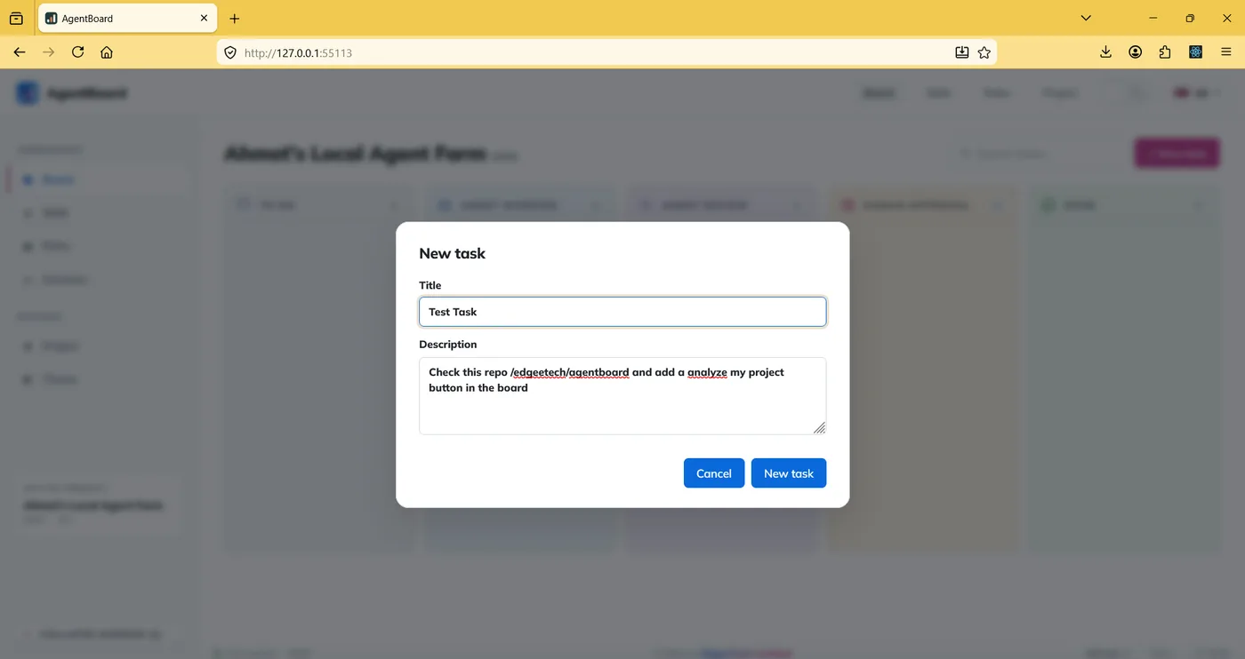 New task modal in AgentBoard with title and description fields.