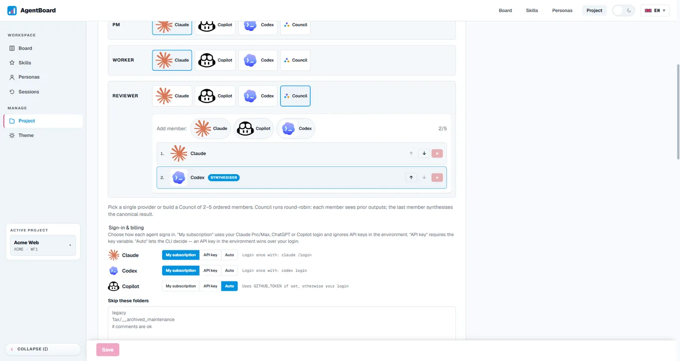 AgentBoard project settings with per-role agent configuration, a Claude and Codex reviewer council, and per-provider sign-in choices.