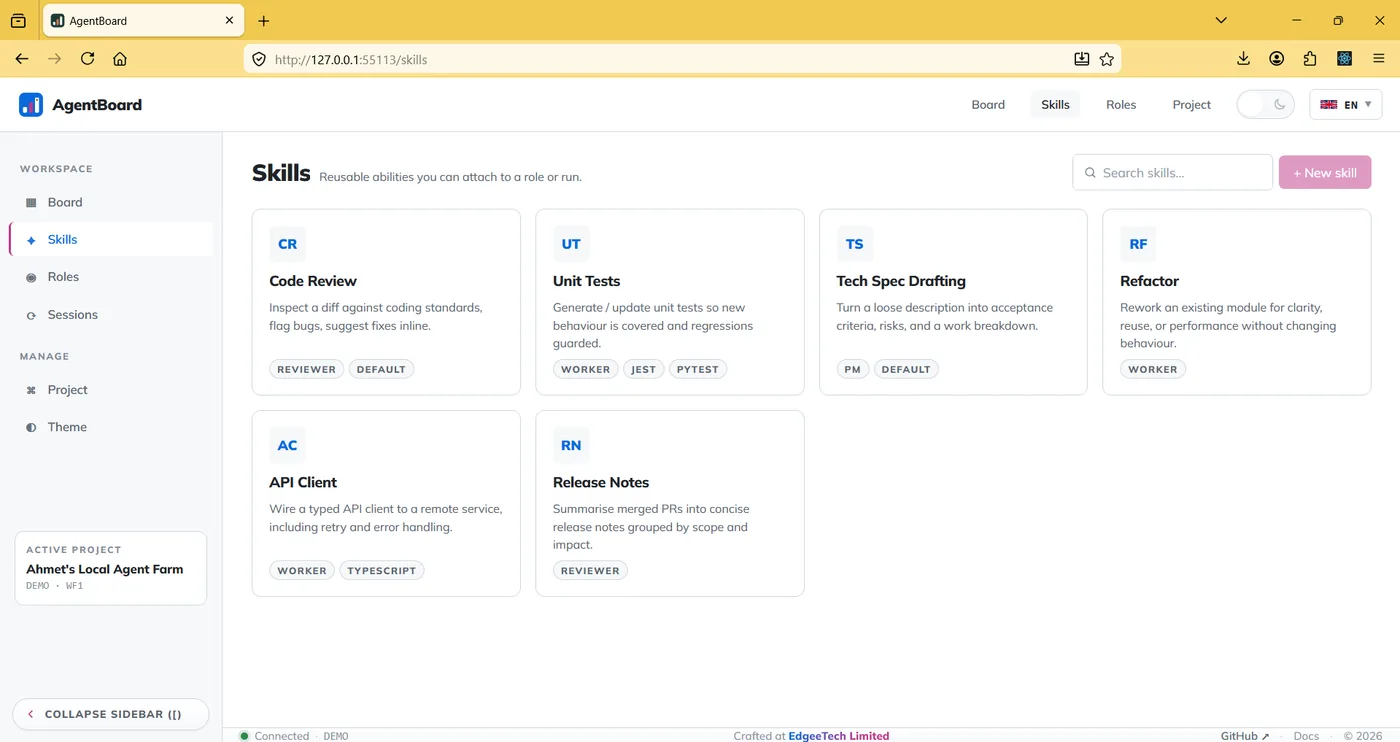 AgentBoard skills page showing code review, unit tests, tech spec drafting, refactor, API client and release notes skills.