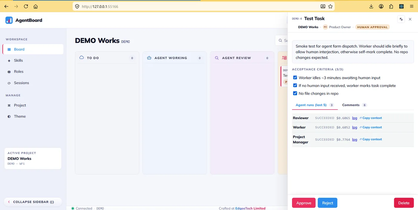 AgentBoard task detail panel with acceptance criteria, agent runs, costs and approve or reject controls.