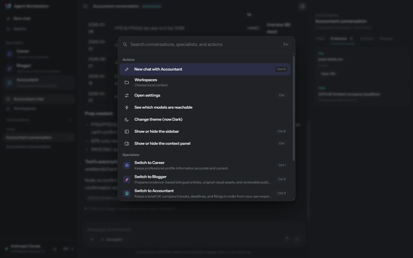 Agent Workstation command palette opened with Ctrl+K over the desktop shell.