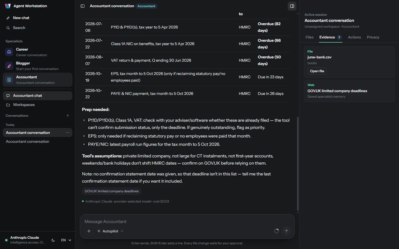 Agent Workstation dark theme showing an evidence panel with cited sources next to an agent's answer.