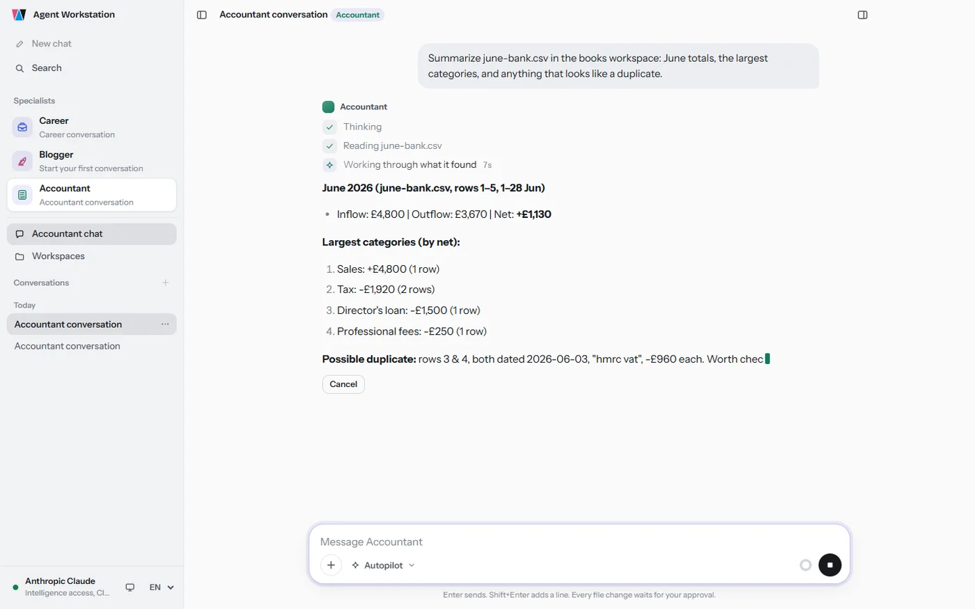 Agent Workstation showing the Accountant's completed steps while its reply streams in as it is written.